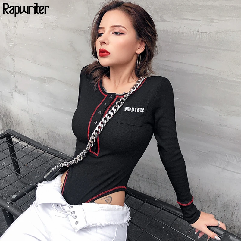 

Rapwriter Sexy Skinny Button Patchwork Striped Knitted Bodysuit Women 2019 Fall Winter Stretch O-Neck Long Sleeve Sheer Bodysuit