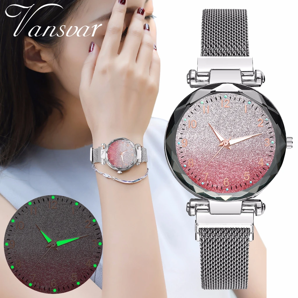 

Hot Sale Women Magnet Buckle Gradient Starry Sky Watch Luminous Arabic Numbers Watch Luxury Ladies Stainless Steel Quartz Watch