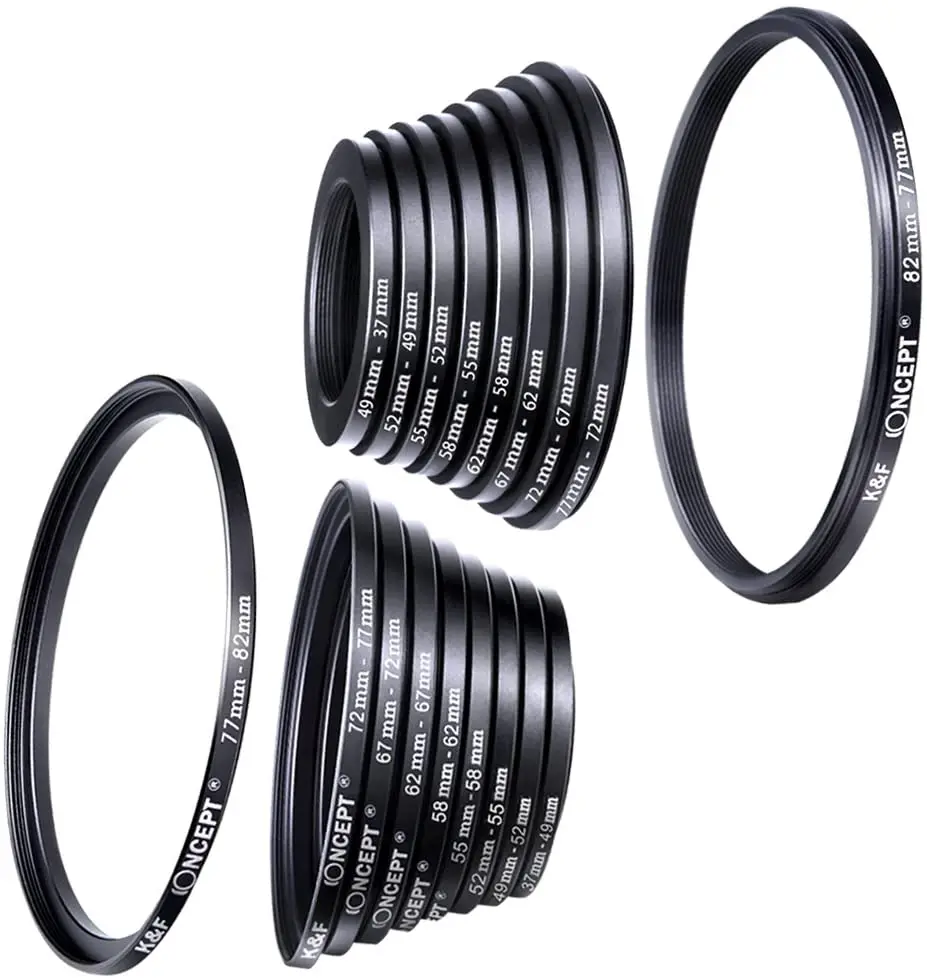 K&F CONCEPT 18pcs Camera Lens Filter Step Up/Down Adapter Ring Set 37-82mm 82-37mm for Canon Nikon Sony DSLR Camera Lens