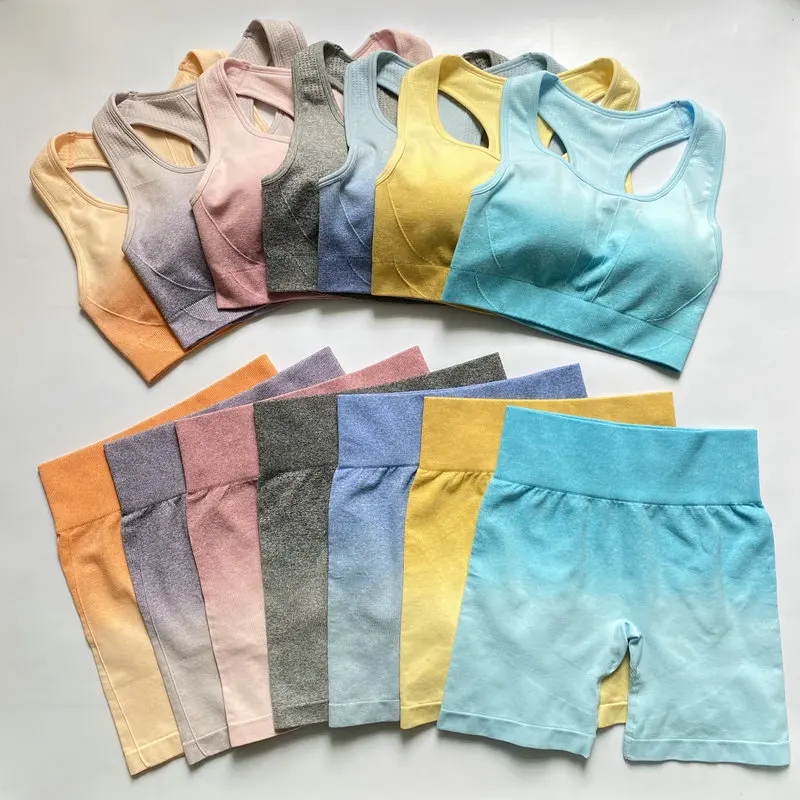 

2PCS Ombre Yoga Set Seamless Sport Short+Sports Bra Crop Top Women Running Gym Clothing High Waist Fitness Sport Suit Sportswear