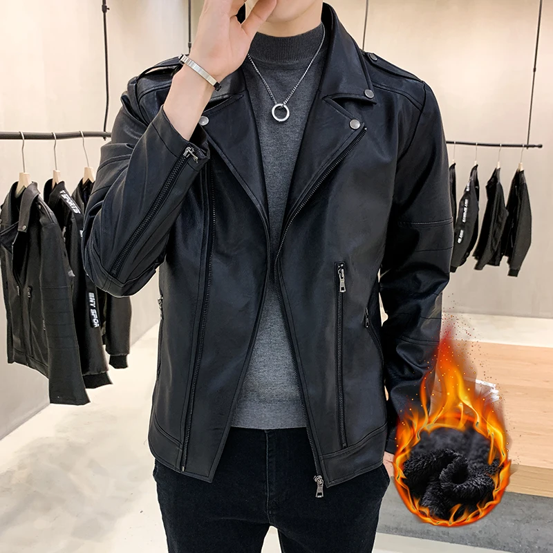 Куртка мужская новая мужская мода повседневная с длинными рукавами мотоциклетная меховая кожаная куртка приталенная мужская зимняя куртка