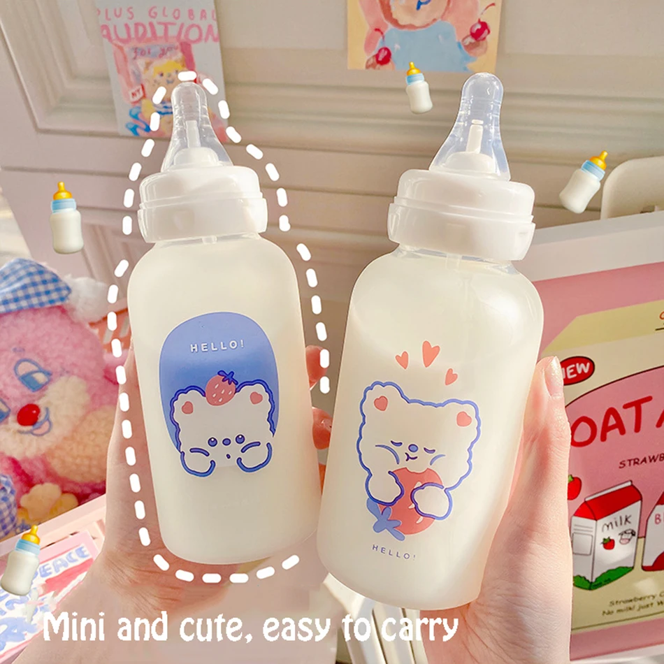 Hot 320ml Kawaii Strawberry Bear Glass Water Bottle For Girls Kids Adult Milk Juice Straw Cup Frosted Leakproof Drinking Bottles