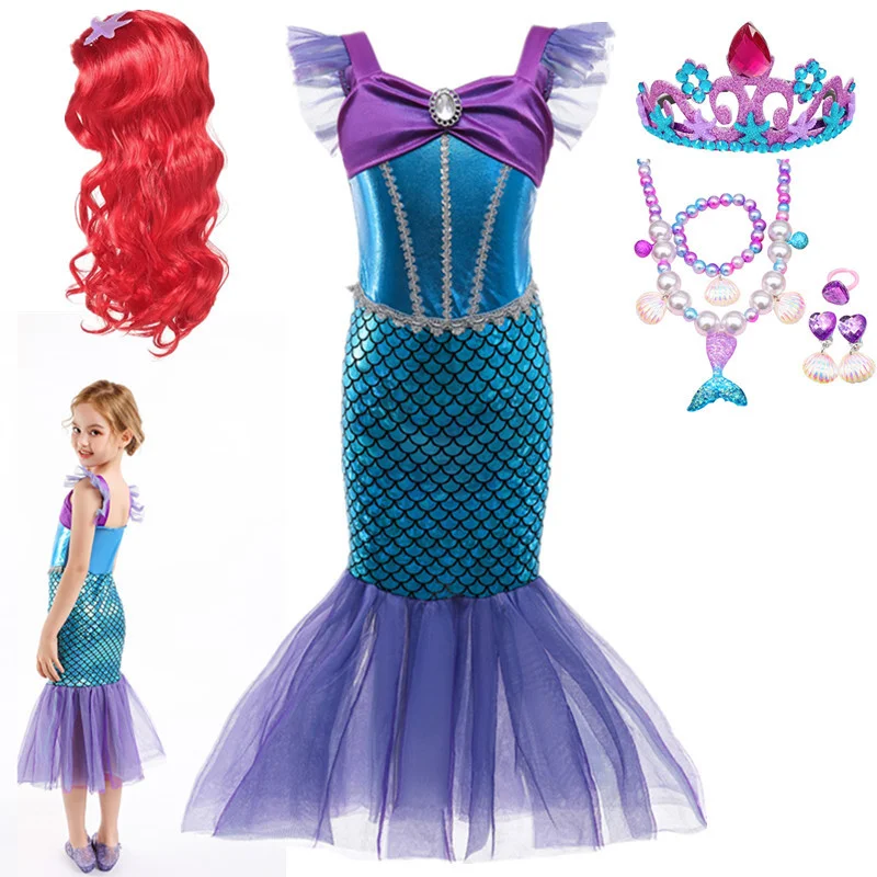 2021 Kids Girls Princess Mermaid tail dress Girl Birthday Clothes wig Ariel Children Halloween Cosplay Party Dress Up | Тематическая
