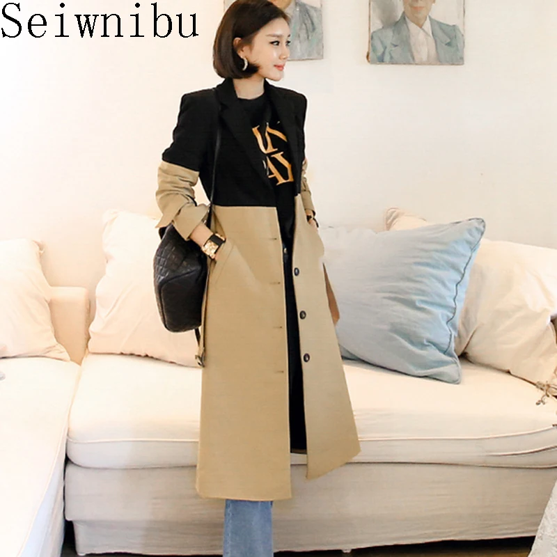 

2019 autumn winter black khaki patchwork color block long trench singlle breasted notched collar belt elegant coats