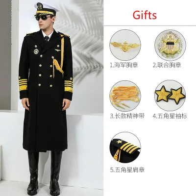 Coat with Gifts Стиль, мужской деловой военный Тренч, ветровка, униформа для безопасности, шерстяное длинное пальто, темно-синий костюм капитана, мужской костюм - Цвет: Coat with Gifts