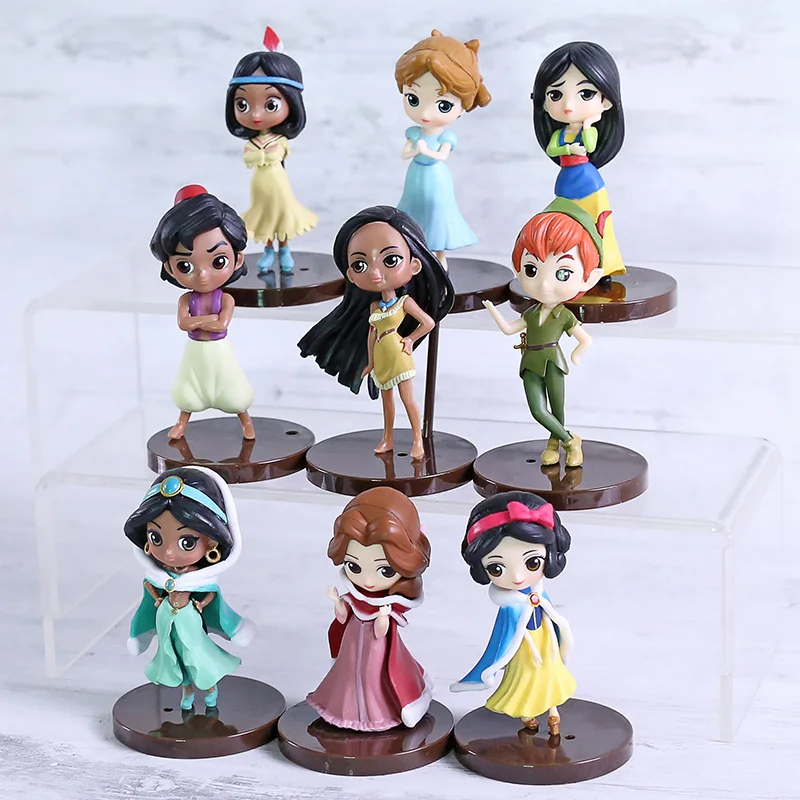 

Princess Dolls Snow White Belle Pocahontas Tiger Lily Peter Pan Figures Q Posket Toys Gift for Girls 9pcs/set