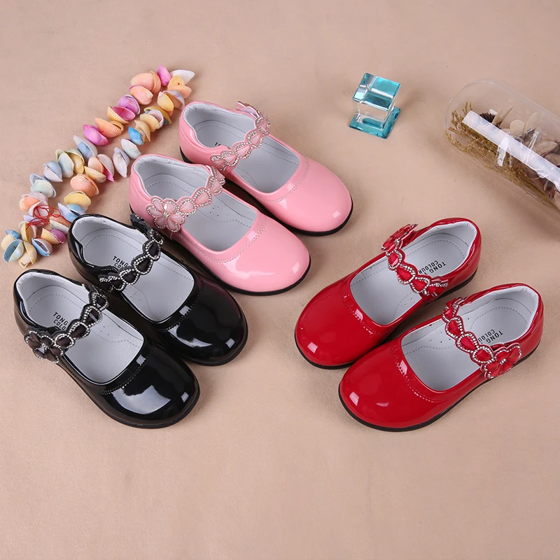 Girls Leather Shoes Princess Rhinestone Flower Pu Leather Flat Sneakers Spring Solid Color Kids Girls Student Shoes STQ002