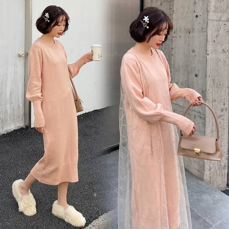 

Autumn And Winter Long over-the-Knee Knitted Dress Half-Turtle-Neck Sweater Winter Loose Style Late Pregnancy Long Skirts Gauze