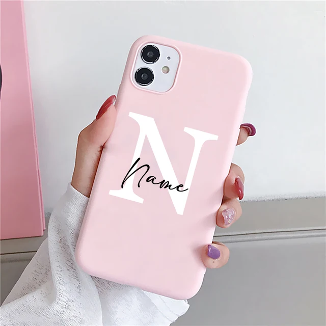 Flowers Diy For iphone 11 12 13 Pro Mini Phone Case Custom Capital Letters Name For X XS Max XR 7 8 Plus SE New Silicone Cover pink diy name Bai