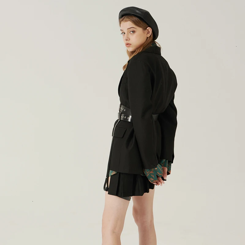 [EAM] женский, черный краткое Темперамент Блейзер нагрудные с длинным рукавом свободный покрой куртки модные тенденции Демисезонный 1H455
