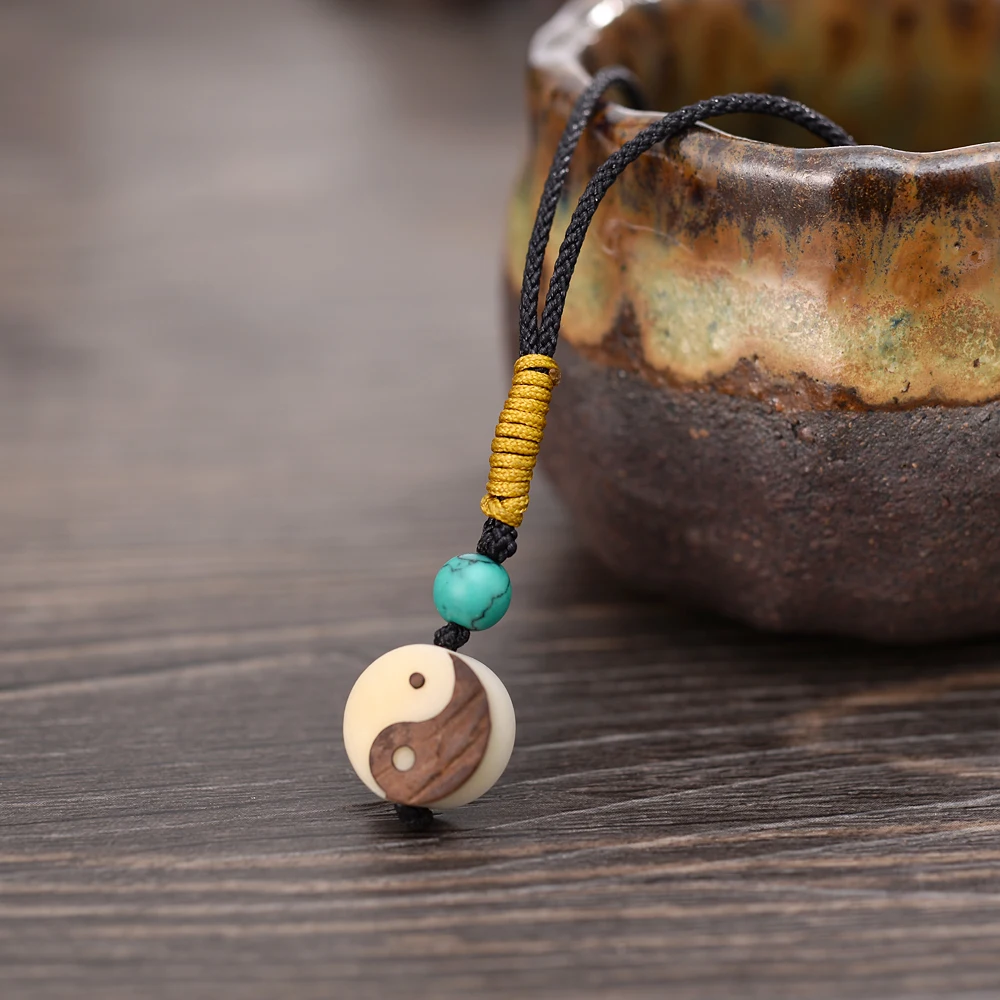 

Yin Yang BAGUA Symbol Pendant Necklace Chinese Amulet Tague Nut Handmade Jewelry 1.5 Cm Rope Chain Metal Ethnic