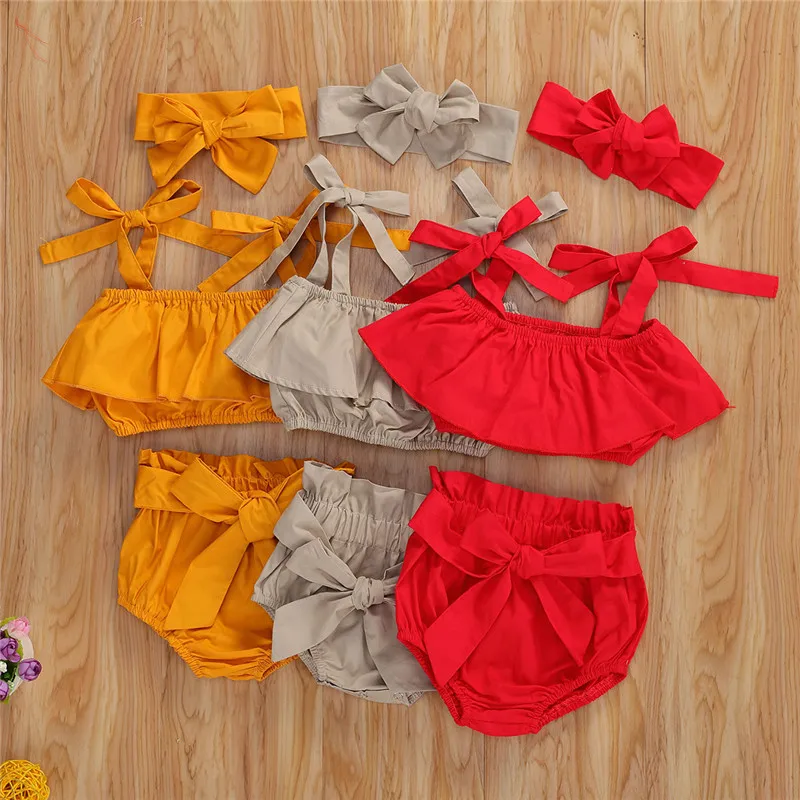 

0-18M Newborn Baby Clothes Infant Girls 2Pcs Set Summer Ruffles Vest Tops Bow Bloomers Shorts Headband Toddler Casual Outfits