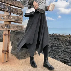 Qiukichonson Midi Long Skirts Womens 2021 Autumn Winter Goth High Waisted Asymmetrical High Low Ruched Knitted Black Skirts rok