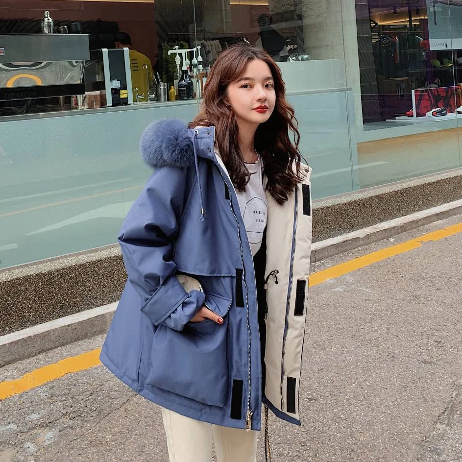 

Photo Shoot Main Push CHIC Laziness-Style White Velcro Mid-length Hooded Large Fur Collar BF Workwear Cotton Overcoat Women's