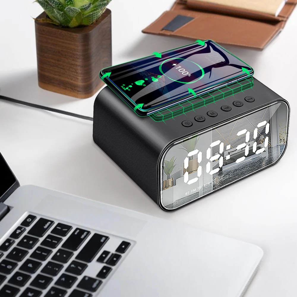 Wireless Charger Alarm Clock Bluetooth Speaker LED Smart Digital Clock