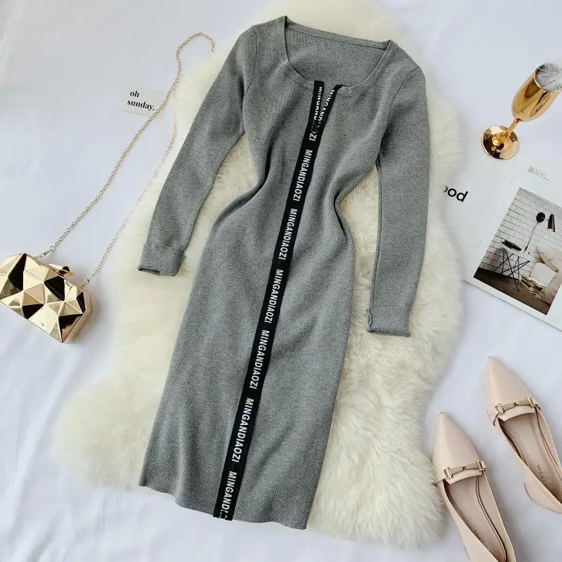 

Autumn Winter Ladies Fashion Knitted Sheath Letter Hidden Zip Knee-length Dress Women Slim Tight One-step Middle Dress