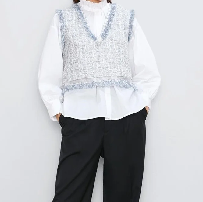 Осень Женская Новая мода Свободный v-образный вырез без рукавов маленький ароматный Saussurea украшенный мягкий шерстяной жилет 07563264400