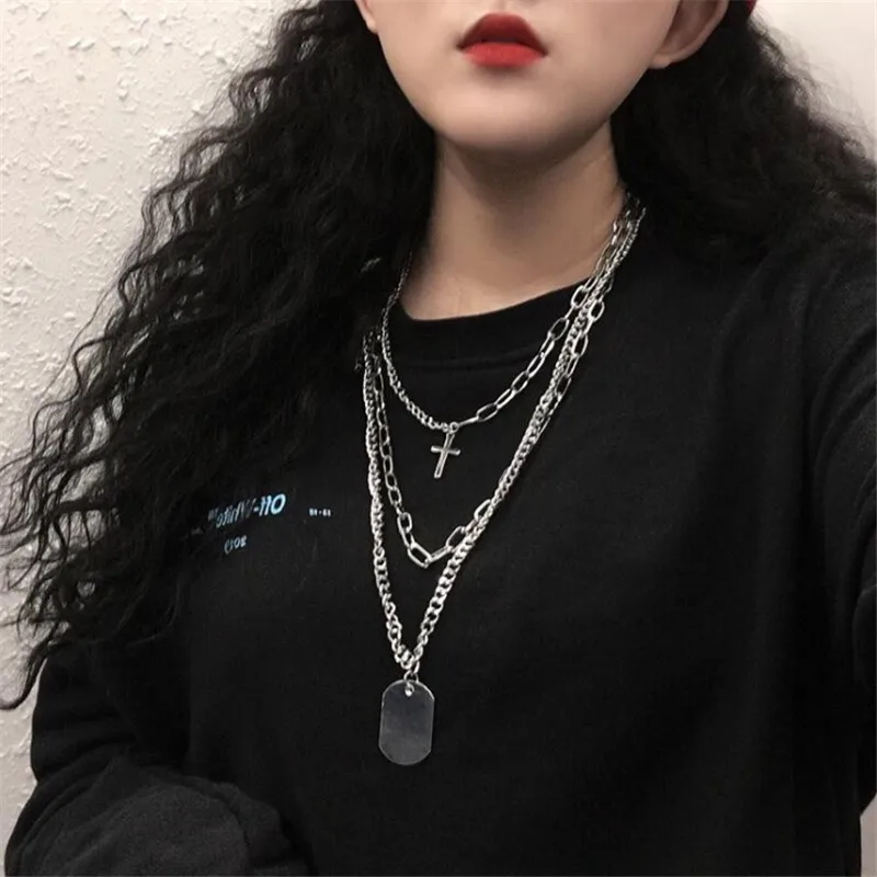 

Multilayers Punk Silver Chains Cross Necklace Couple Fashion Street Hip Hop Geometric Metal Pendant Necklaces For Man Women