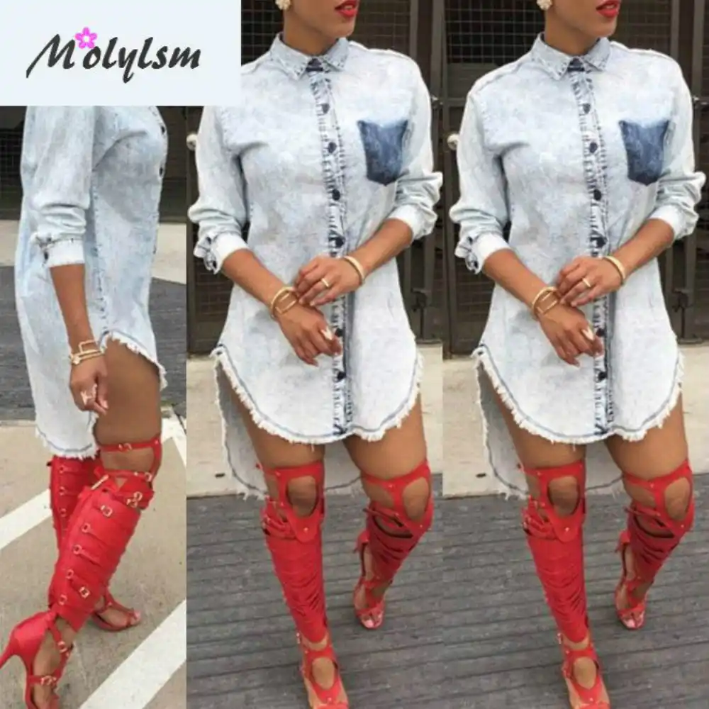 denim dress with knee high boots