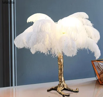 

Nordic feather table lamp bedroom bedside lamp warm wedding room copper art copper branch feather vertical light CD50 W07