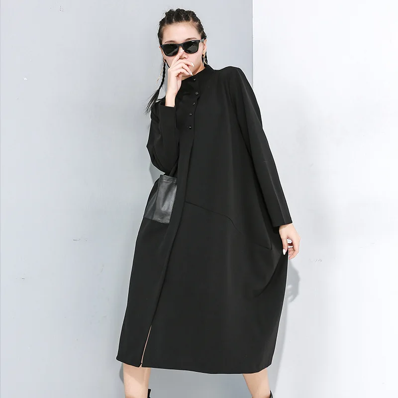 

LANMREM Solid Color Single Breasted Splice Stand Collar Dress Women Casual Loose Big Size Split Dress 2020 New Spring PC732