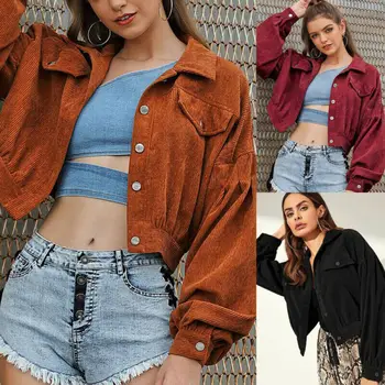 

New Women Coat Outwear Corduroy Button Down Long Sleeve Short Casual Jacket Coat Spring Autumn Ladies Girl Outcoats
