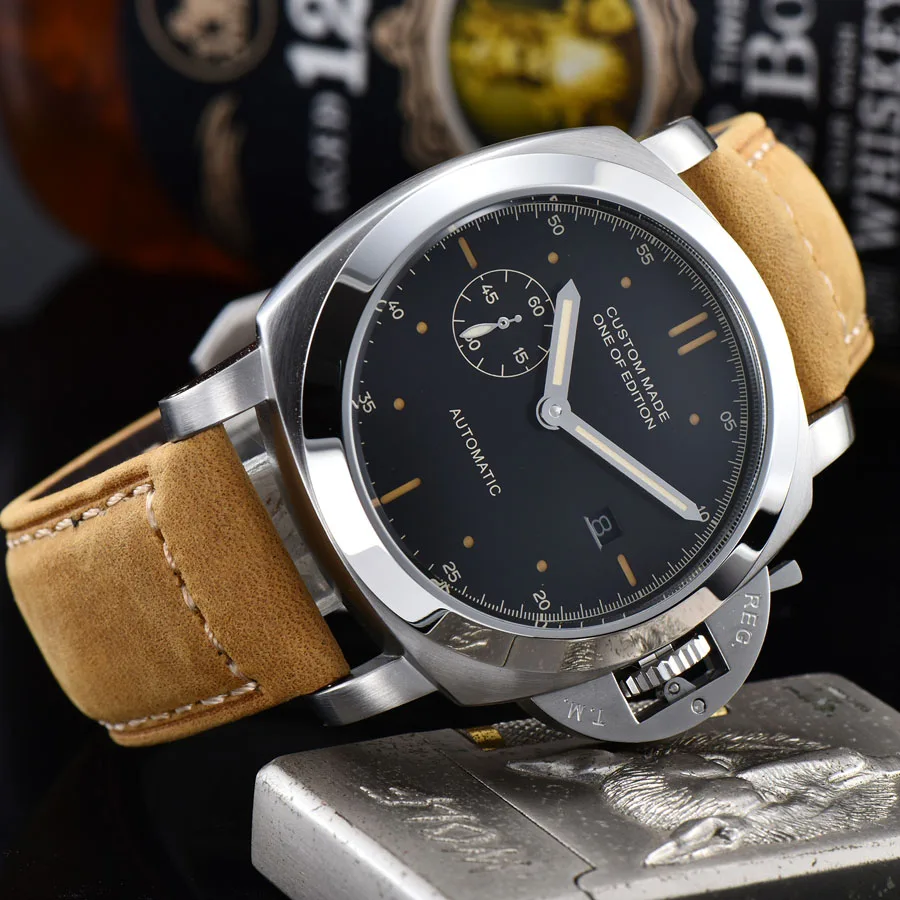 

watch men automatic mechanical watch date Luminous waterproof stainless steel Leather 44MM NH77