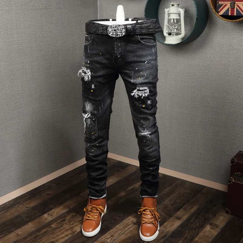 Джинсы мужские рваные в стиле хип хоп модные уличные штаны Slim Fit брюки панк