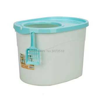 

A semi-enclosed cat sandbox in a walk-in toilet with spatula supplies