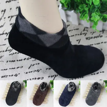

1 pair Winter Men Thick Warm Boat Socks Velvet Solid Color Non Slip Elastic Indoor Soft Comfortable Floor Socks Slippers