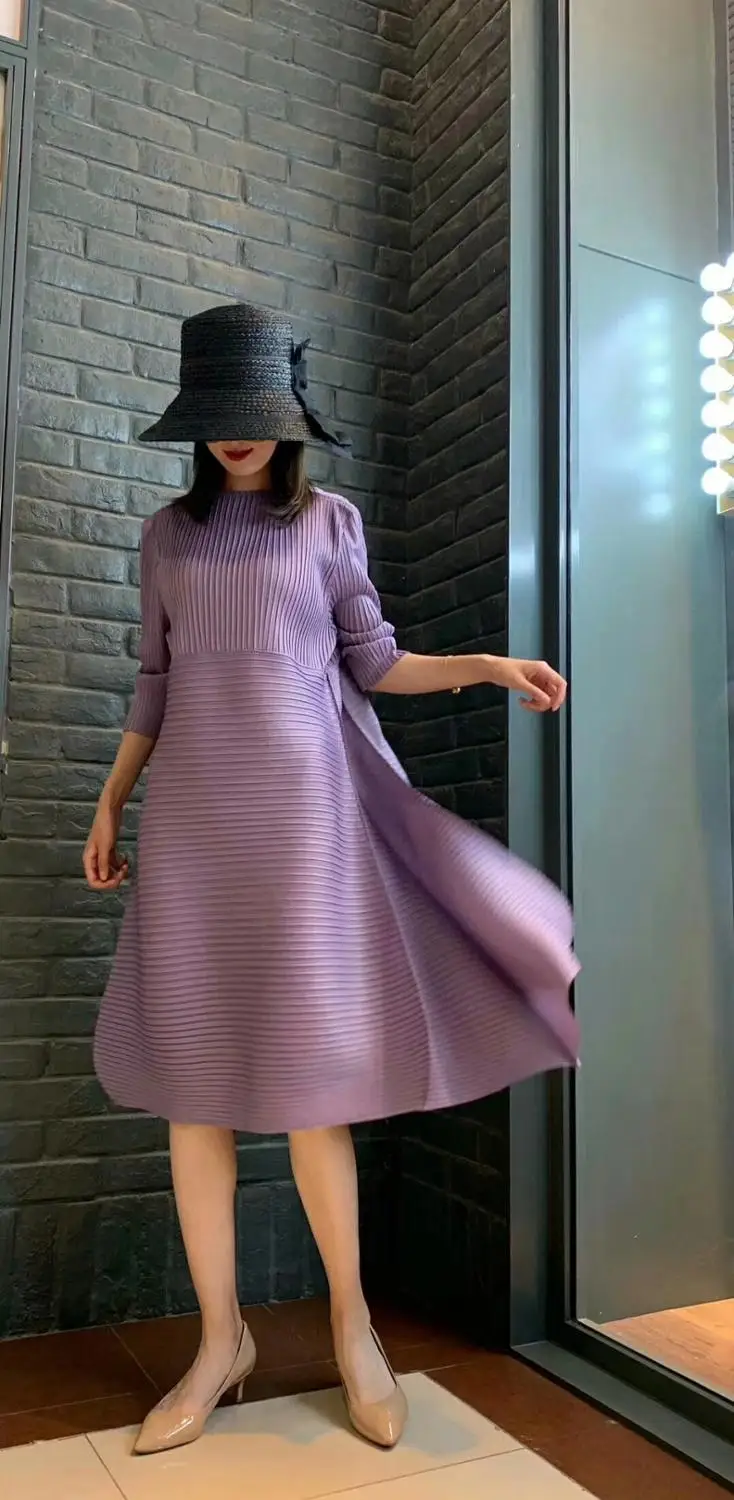 Горячая Miyake fold в женское леопардовое платье с круглым вырезом три четверти рукав бутон платье