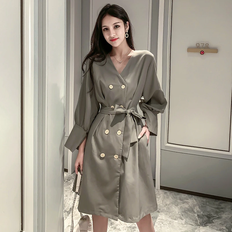

Black Streetwear Modis Women's Windbreaker Style Casual Dress Double Button Oversize Midi Dress Women with Sashes Autumn Dresses