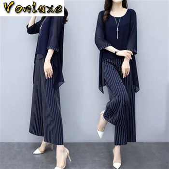 

2 Two Piece Blouses And Sets 2020 Spring Summer Elastic Waist Stripe Chiffon Wide Leg Pants Office Lady Pantsuit Plus Size