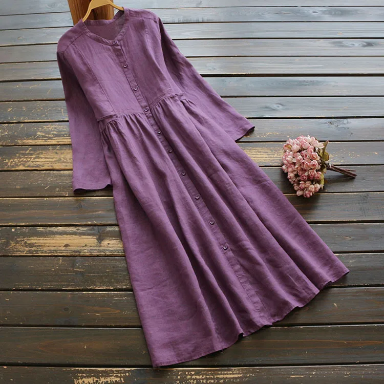 

6666 New Style Autumn WOMEN'S Dress Japanese-style Solid Color Casual Flax Long-sleeved Dress Lace-up Waist Hugging Stand Collar