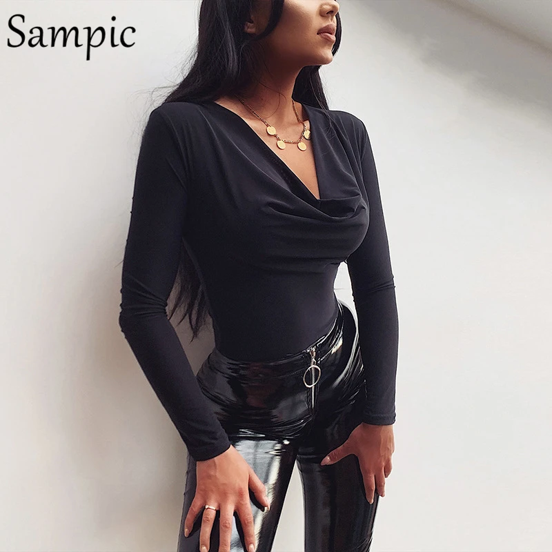 Black Sampic, сексуальный, модный, черный, серый, женский короткий комбинезон, боди, топы, Повседневный, длинный рукав, v-образный вырез, Облегающий комбинезон, топы, осенняя верхняя одежда - Цвет: Black