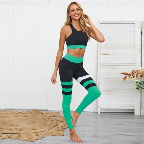 Новые женские бесшовные Леггинсы пуш-ап+ бюстгалтер на бретельках, комплект одежды из 2 предметов для йоги с высокой талией для йоги, леггинсы, спортивная одежда для бега - Цвет: Зеленый