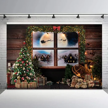 

NeoBack Christmas Tree Wooden Board Backdrop Winter Window Moon Santa Photo Background Gifts Toy Children Photography Backdrops