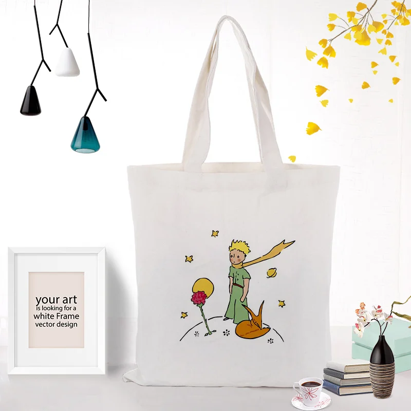 Cute Cartoon Tote Bag Canvas Tote Bag Little Prince Serial Custom Print Logo Text Daily Use Diy Eco Reusable Shopping Bag 