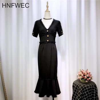 

2020 Spring Summer New Pattern V-collar Long Sleeve Black Lace Patchwork Pullovers Casual Dress Women Fashion Tide V434