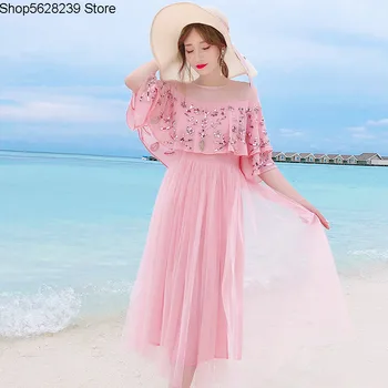 

2020 Summer French Socialite Temperament Nail Beads Lotus Leaf Edge Pink Chiffon Mesh Short Sleeve Dress Female