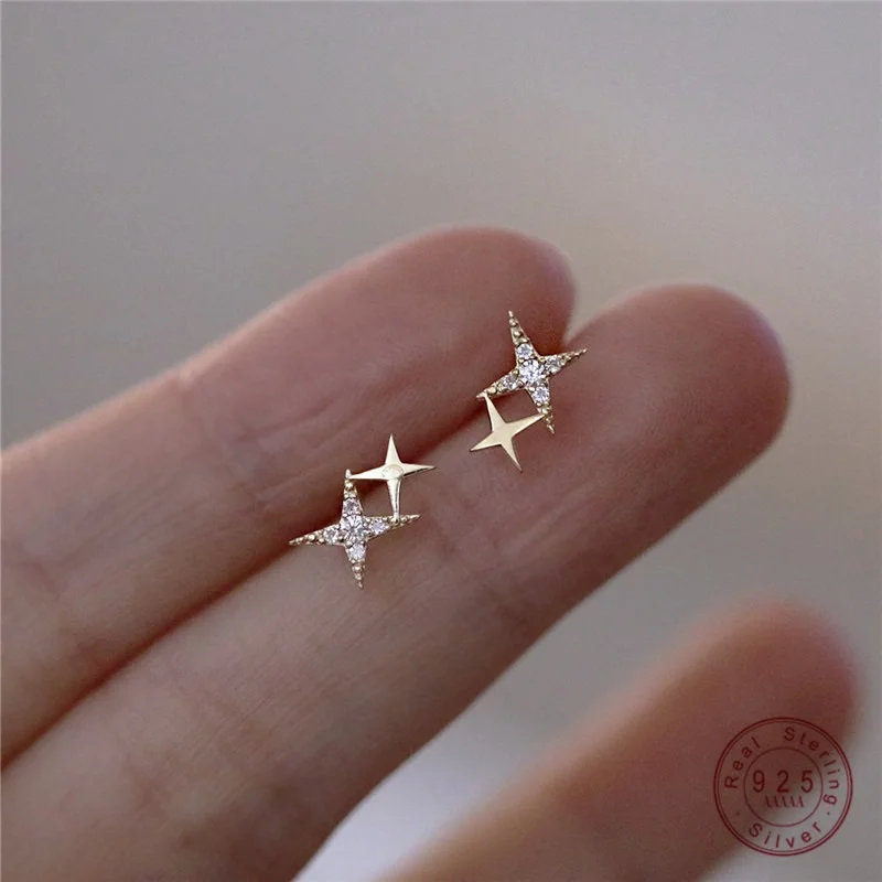 

925 Sterling Silver Micro Inlaid Crystal Four-Pointed Star Plating 14k Gold Earrings Women Small Cute Banquet Jewelry