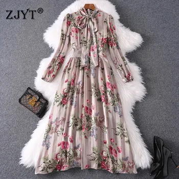 

New Fashion Spring Runway Dress Designer Women 2020 Elegant Long Sleeve Bow Neck Floral Print Midi Bohemian Beach Chiffon Dress