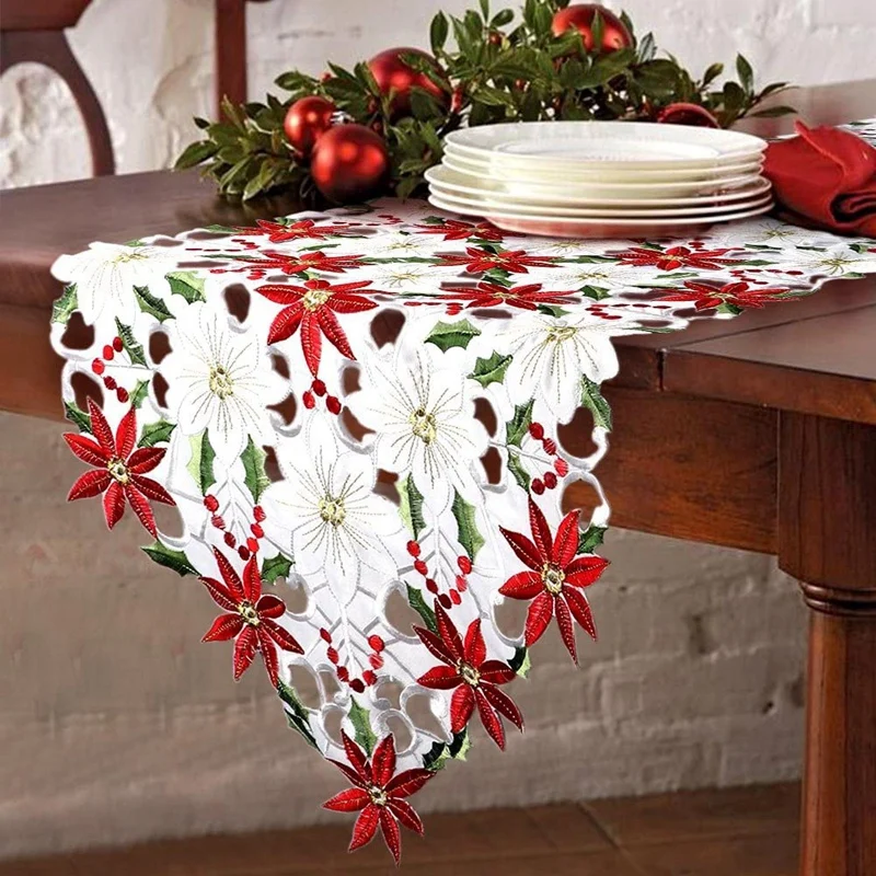 Рождественская вышитая настольная дорожка роскошная Holly Poinsettia для
