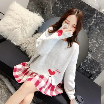 

2020 Female Sweater Spring And Autumn Solid Color Long-sleeved Love Pattern Knit Cute Loose Student Style