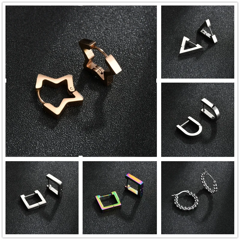 Jewelry Gothic Triangle Square Star Unisex Stainless Steel Men Women Ear Stud Earrings Pierced Push-Back Plug Buckle | Украшения и