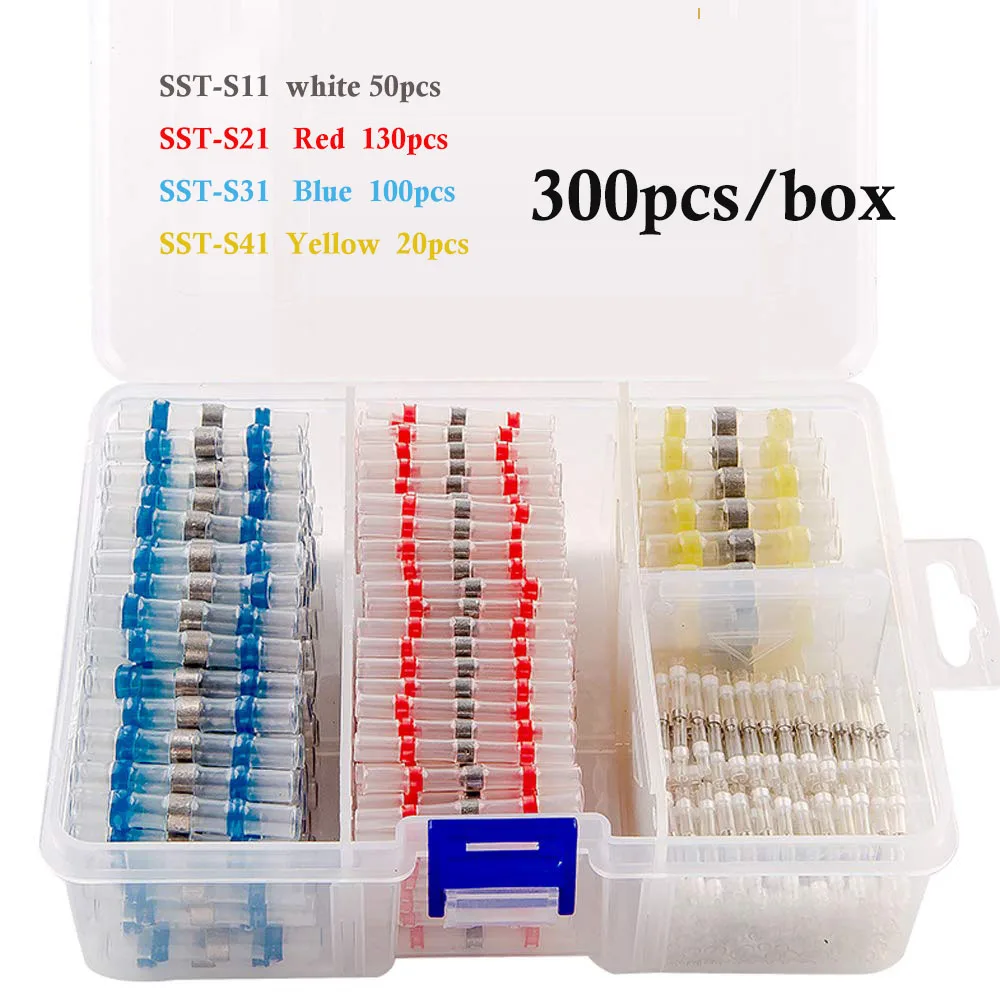 300pcs with box 50/100 шт терм усадочная Водонепроницаемый провода для пайки Разъем трубчатые втулки изолированный Электрический Медь стыковой клеммы сращивания автом - Цвет: 300pcs with box