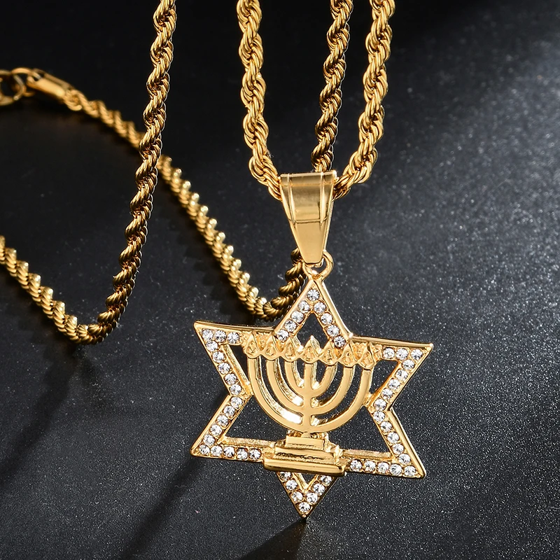 Хип хоп Bling Iced Out Bright Star of David AAA Rhinestone из нержавеющей стали подвески и ожерелья для