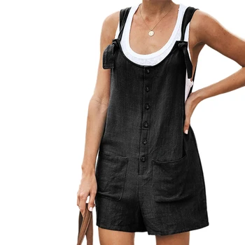 

Button Style Women Casual Loose Jumpsuit Sleeveless Straps Suspender Romper Cuffed Hem Pockets Shortalls Jumpsuit Shorts