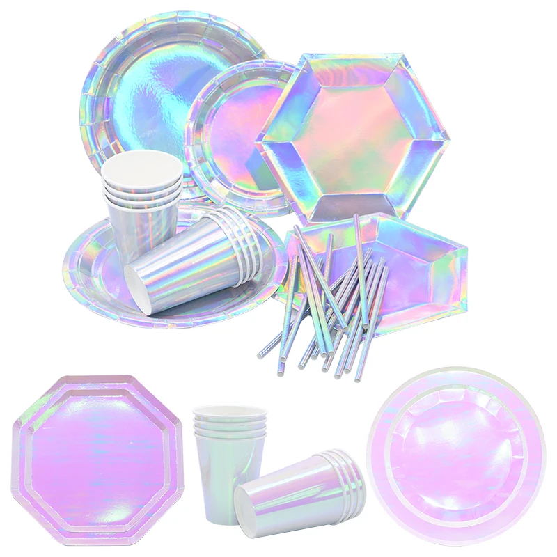 

New Party Disposable Tableware Laser Cups Plates Wedding Birthday Decor Baby Shower Festival for Kids Tableware Party Supplies
