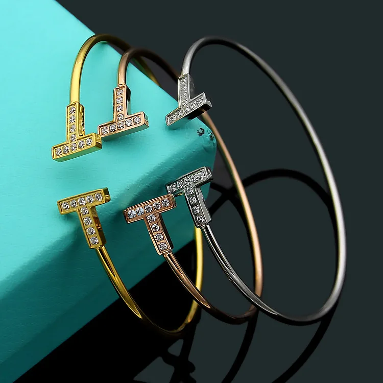 

Classic double T Bracelet with stone and without stone for women T-letter open flexible Bracelet with logo